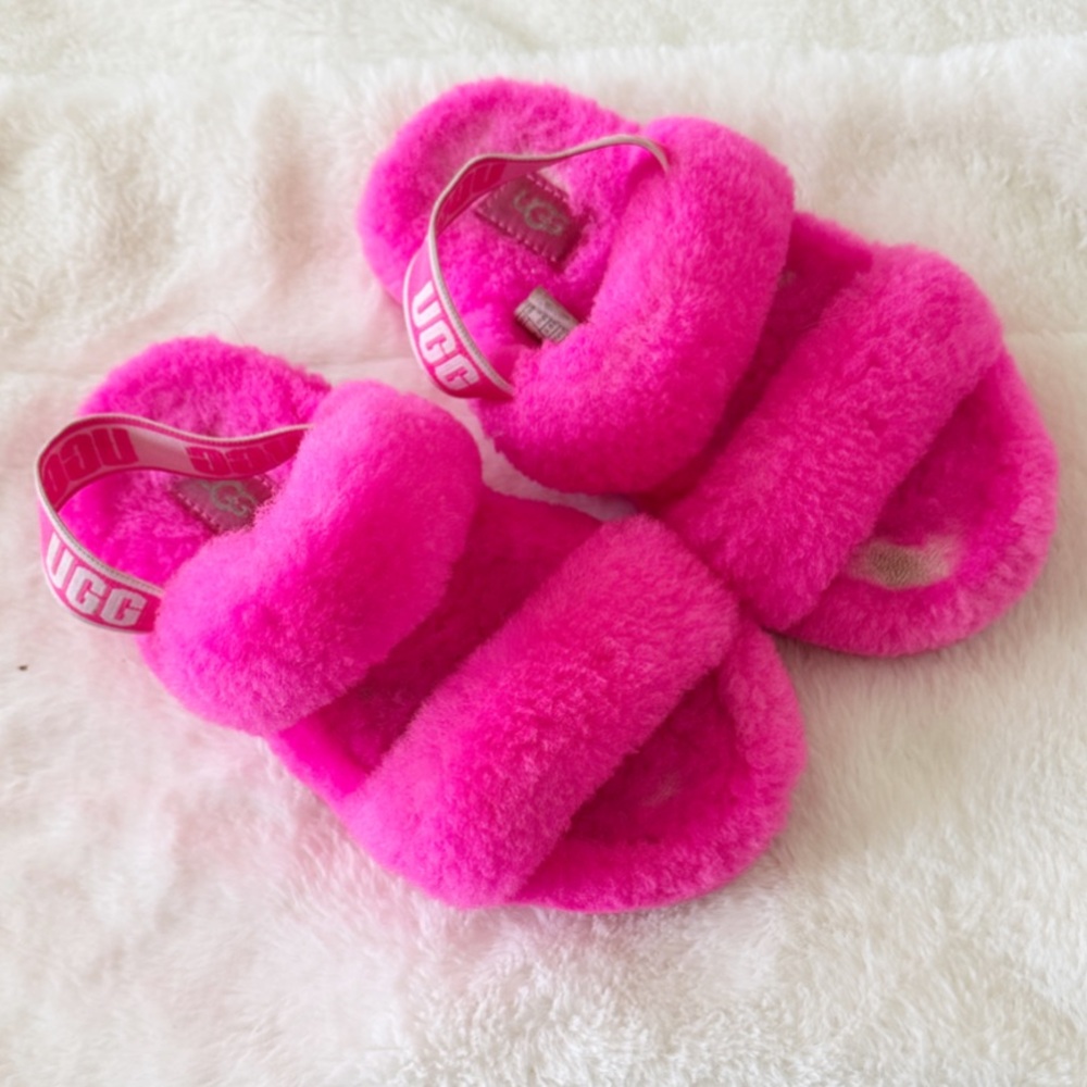 Ugg pink Oh Yeah fluffy slide slippers size girls 13 - Picture 2 of 8